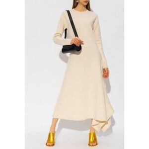 Jil Sander Womens Asymmetric-Hem Merino Wool Midi Sweater Dress Natural Sz 4